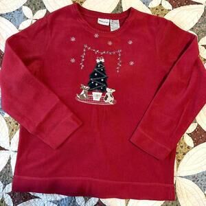 Red grandma christmas tree and puppy Christmas sweater